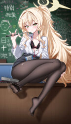 :3 absurdres black_bra black_pantyhose blonde_hair blue_archive blush board_eraser book bow bow_bra bra cang_se_ye_hua chalkboard chinese_commentary classroom closed_mouth collarbone collared_shirt commentary_request desk dress_shirt feet fluffy_hair full_body green_eyes grey_skirt hair_between_eyes hair_intakes hair_over_shoulder halo hand_up highres holding holding_pointer indoors jewelry loli long_bangs long_hair long_sleeves looking_at_viewer miniskirt no_shoes on_desk pantyhose partially_unbuttoned pencil_skirt pile_of_books pointer ponytail professor_niyaniya_(blue_archive) professor_niyaniya_(teacher)_(blue_archive) shadow shirt shirt_tucked_in sitting skirt smile steam steaming_body sweat toe_ring toe_seam toes torn_clothes torn_pantyhose underwear variant_set very_long_hair white_shirt wing_collar yellow_halo