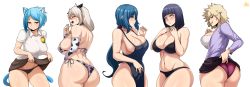 5girls absurdres animal_ears animal_print apron ass bakugou_mitsuki bell bikini blonde_hair blue_eyes blue_hair boku_no_hero_academia boruto:_naruto_next_generations breasts brown_skirt cardigan cat_ears cat_girl cat_tail cleavage cleft_of_venus clothes_lift cow_horns cow_print cow_print_bikini cowbell eyebrows eyebrows_hidden_by_hair facial_mark female_focus gundam gundam_build_fighters highres horns humanization hyuuga_hinata iori_rinko jewelry jmg large_breasts lifting_own_clothes long_hair mature_female micro_bikini multiple_girls naked_apron naruto_(series) naughty_face navel nicole_watterson open_cardigan open_clothes panties ponytail print_bikini red_eyes red_panties ring side-tie_bikini_bottom sideboob silver_hair skirt skirt_lift sweat swimsuit tail the_amazing_world_of_gumball thighs trait_connection underboob underwear uzaki-chan_wa_asobitai! uzaki_tsuki wedding_ring whisker_markings white_background white_eyes