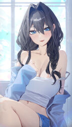 1girl :d absurdres bare_shoulders black_hair blue_eyes blue_shorts blush braid breasts camisole cleavage crop_top hair_intakes highres hololive hololive_english large_breasts midriff navel open_mouth ouro_kronii short_shorts shorts smile solo strap_slip twin_braids white_camisole window yoellim5