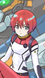 1girl amate_yuzuriha aqua_eyes gquuuuuux gundam gundam_gquuuuuux highres looking_at_viewer mecha mecha_pilot_suit normal_suit_(gundam) red_hair robot short_hair sitting ssns_(hzita416)
