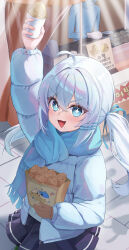 +_+ 1girl 1other absurdres ahoge arm_up bag black_skirt blue_eyes blue_hair blue_ribbon blue_scarf brown_mittens commentary_request cup down_jacket food gosegu hair_between_eyes hair_ornament hair_ribbon hairclip highres holding holding_bag holding_cup jacket korean_commentary long_sleeves looking_at_viewer looking_to_the_side mittens outdoors pleated_skirt ribbon scarf single_mitten skirt su2ro takoyaki twintails upper_body v-shaped_eyebrows virtual_youtuber waktaverse white_jacket winter_clothes