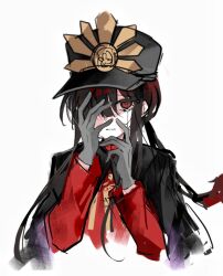 Rule 34 | 1boy, black cape, black hair, black hat, cape, center-flap bangs, covering one eye, crest, cropped torso, crying, family crest, fate/grand order, fate (series), fiery hair, gloves, grey gloves, half-closed eyes, hand on own face, hands up, hat, high collar, jacket, kepi, long hair, long sleeves, looking at viewer, low ponytail, male focus, military hat, military jacket, military uniform, oda nobukatsu (fate), oda uri, one eye covered, parted lips, ponytail, raised eyebrows, red hair, red jacket, sidelocks, simple background, solo, white background, xixing chun