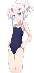 1girl absurdres bare_arms bare_shoulders blue_eyes blue_one-piece_swimsuit breasts cleavage closed_mouth commentary_request covered_navel deux_murasame grey_hair gundam gundam_gquuuuuux hair_bun hair_ornament hairclip highres long_hair looking_at_viewer na-suke one-piece_swimsuit purple_pupils school_swimsuit simple_background small_breasts solo swimsuit white_background