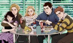 2girls 3boys alice_cullen blonde_hair brown_hair commentary earrings edward_cullen emmett_cullen english_commentary food french_fries highres hood hoodie hug hug_from_behind indoors jasper_hale jewelry long_hair looking_at_viewer multiple_boys multiple_girls rosalie_hale short_hair table twilight_(series) twitter_username vienguinn yellow_eyes