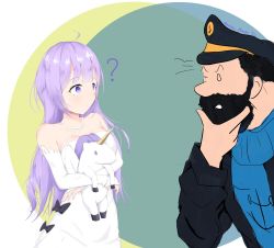 1boy 1girl ? ahoge azur_lane beard black_hair captain_archibald_haddock check_commentary commentary_request criss-cross_halter crossover hugging_doll dress facial_hair halterneck hat highres long_hair hugging_object official_style peaked_cap potato_monsta purple_eyes purple_hair stuffed_winged_unicorn thinking tintin unicorn_(azur_lane) white_dress