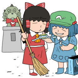 Rule 34 | 2girls, ascot, backpack, bag, black hair, blue boots, blue dress, blue hair, boots, bow, broom, closed eyes, closed mouth, collared dress, commentary request, detached sleeves, dog, dress, full body, green bag, green hat, hair bobbles, hair bow, hair ornament, hakurei reimu, hat, holding, holding broom, jewelry, kawashiro nitori, key, key necklace, komainu, komano aunn, komano aunn (komainu), lowres, multiple girls, necklace, newsboy cap, onikobe rin, open mouth, orange ascot, red bow, red shirt, red shoes, red skirt, shirt, shoes, short hair, simple background, skirt, skirt set, sleeveless, sleeveless shirt, smile, socks, standing, touhou, two side up, white background, white sleeves, white socks