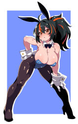 1girl ahoge armpits black_bow black_bowtie black_pantyhose black_shoes blue_leotard blush bow bowtie breasts cleavage collar full_body gloves green_hair hair_between_eyes hand_on_own_hip hand_on_own_knee high_heels highres large_breasts leaning_forward leotard looking_at_viewer medium_hair multicolored_hair open_mouth orange_eyes pantyhose playboy_bunny ponytail shoes solo stiletto_heels streaked_hair tsukinoha_mio white_collar white_gloves white_wrist_cuffs wrist_cuffs zenless_zone_zero zhu_yuan