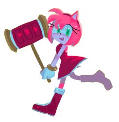 1girl absurdres amy_rose animal_ears animal_nose boots bracelet dress fang full_body furry furry_female gloves gold_bracelet green_eyes hairband hammer hedgehog_girl highres holding holding_hammer jewelry looking_at_viewer open_mouth pink_fur pink_hair red_dress red_hairband red_shoes sa1k_a shoes short_tail simple_background solo sonic_(series) standing tail toy_hammer white_background white_gloves
