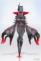 Rule 34 | 1girl, absurdres, black skin, breasts, cleavage, cleavage cutout, clothing cutout, colored skin, covered navel, cuffs, dress, echanis enicha, extra arms, grey dress, handcuffs, hat, highres, jacket, large breasts, original, red eyes, robot girl, white background