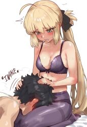1boy 1girl ^^^ absurdres ahoge artoria_caster_(fate) artoria_pendragon_(fate) bare_arms bare_shoulders bed_sheet black_bow black_bra black_hair black_panties black_pantyhose blonde_hair blush bow bra breasts cleavage commentary ear_blush ebora english_commentary face_down fate/grand_order fate_(series) fujimaru_ritsuka_(male) furrowed_brow green_eyes hair_bow hands_on_another&#039;s_head heavy_breathing highres inhaling lace lace_bra lace_panties long_hair looking_down messy_hair on_lap panties pantyhose revision seiza shiny_skin short_hair sidelocks simple_background sitting skindentation small_breasts smelling smelling_clothes smelling_pantyhose steaming_body sweat tank_top thighs twintails underwear very_long_hair white_background white_tank_top