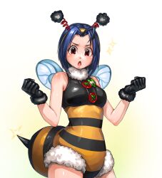 1girl ahoge antennae bee_costume bee_wings black_gloves blue_hair blush breasts cowboy_shot fake_antennae fake_wings gloves hairband hands_up highres hold111 idolmaster idolmaster_(classic) insect_wings leotard miura_azusa open_mouth red_eyes short_hair solo standing stinger striped_clothes striped_leotard white_background wings yellow_hairband