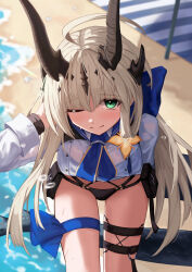 arknights beach blonde_hair blue_ribbon green_eyes highres horns looking_at_viewer looking_up nagi_(nagisanote) official_alternate_costume one_eye_closed parasol reed_(arknights) reed_the_flame_shadow_(arknights) reed_the_flame_shadow_(summer_flower)_(arknights) ribbon thighs umbrella