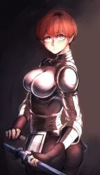 1girl absurdres armor ass boobplate breastplate breasts brown_gloves brown_pants commentary cowboy_shot d&#039;arce_(fear_&amp;_hunger) fear_&amp;_hunger fear_&amp;_hunger_(series) fear_&amp;_hunger_1 fingerless_gloves from_behind gloves highres holding holding_sword holding_weapon knight large_breasts looking_back orange_eyes orange_hair pants parted_lips pauldrons short_hair shoulder_armor sidelighting solo standing sword tight_clothes tight_pants tofulott_e111 twisted_torso weapon