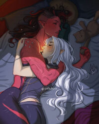 Rule 34 | 2girls, absurdres, asymmetrical hair, baldur&#039;s gate, baldur&#039;s gate 3, bed, broken horn, closed eyes, colored skin, cuddling, demon girl, demon horns, dungeons & dragons, dungeons &amp; dragons, elf, glowing chest, hair down, highres, horns, karlach, multiple girls, muscular, muscular female, pointy ears, red skin, shadowheart (baldur&#039;s gate), sidecut, sintiadaria, sleeping, studs, stuffed animal, stuffed toy, tiefling, undercut, wavy hair, yuri