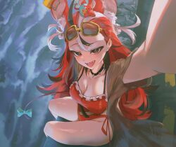 1girl absurdres animal_ears black_streaks blue_eyes bow breasts cleavage dice_hair_ornament eyewear_on_head hair_ornament hakos_baelz highres hololive hololive_english holonatsu_paradise insfidelie large_breasts long_hair looking_at_viewer mouse_ears mouse_girl mouse_on_head mouse_tail mousetrap mr._squeaks_(hakos_baelz) multicolored_hair official_alternate_costume official_alternate_hairstyle one-piece_swimsuit reaching reaching_towards_viewer red_hair red_one-piece_swimsuit sharp_teeth sitting solo sunglasses swimsuit tail tail_bow tail_ornament teeth virtual_youtuber white_hair