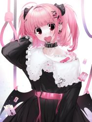 1girl ant bandaid bat_wings belt black_dress bug candy collar dress ear_piercing food food_in_mouth hair_intakes hair_ornament hairclip heart heart-shaped_food heart-shaped_lollipop highres insect lollipop medium_hair noose off_shoulder original piercing pink_hair pom_pom_(cheerleading) razor_blade red_eyes shaped_lollipop sitting solo sticker tattoo teeth two_side_up unxi veinte wings x_hair_ornament yami_kawaii