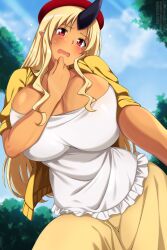 1girl beret black_horns blonde_hair blue_sky blurry blurry_background breasts cloud commentary cowboy_shot crying crying_with_eyes_open dark-skinned_female dark_skin day english_commentary fang frilled_shirt frills from_below furrowed_brow hand_up hat highres horns huge_breasts leaning_forward leaning_to_the_side lindaroze long_hair looking_at_viewer monster_girl monster_musume_no_iru_nichijou ogre open_clothes open_mouth outdoors paid_reward_available pointy_ears red_eyes red_hat shirt short_sleeves single_horn skindentation skirt sky solo strapless strapless_shirt tears tionishia twitter_username very_long_hair watermark wavy_mouth web_address white_shirt wide_hips yellow_skirt
