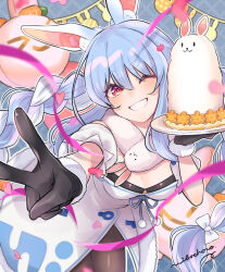 Rule 34 | 1girl, absurdres, animal ear fluff, animal ears, black gloves, black leotard, black pantyhose, blue background, blue hair, blue ribbon, blurry, blurry foreground, blush, bow, braid, breasts, carrot, carrot hair ornament, cleavage, clothing cutout, commentary request, confetti, detached sleeves, don-chan (usada pekora), dress, dress ribbon, eyelashes, food, food-themed hair ornament, fur-trimmed dress, fur-trimmed gloves, fur scarf, fur trim, gloves, grid background, grin, hair between eyes, hair bow, hair ornament, hand up, heart, highres, holding, holding plate, hololive, leaning forward, leotard, long bangs, long hair, looking at viewer, multicolored hair, nibochoro, one eye closed, outstretched arm, pantyhose, plate, playboy bunny, puffy short sleeves, puffy sleeves, rabbit-shaped pupils, rabbit ears, rabbit girl, reaching, reaching towards viewer, red eyes, ribbon, scarf, short eyebrows, short sleeves, sidelocks, signature, small breasts, smile, strapless, strapless dress, strapless leotard, symbol-shaped pupils, thick eyebrows, twin braids, two-tone hair, underboob cutout, underbust, usada pekora, usada pekora (1st costume), v, virtual youtuber, white bow, white dress, white hair, white scarf