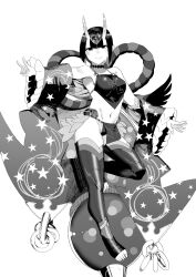 1girl absurdres blunt_bangs chinese_clothes closed_mouth clothes_writing commentary_request detached_sleeves diamond_choker double-parted_bangs dudou eyeliner fate/grand_order fate_(series) forehead_jewel fox_shadow_puppet fundoshi gourd greyscale groin heart-shaped_gem highres horns japanese_clothes looking_at_viewer makeup monochrome navel oni outstretched_arms rope sash shimenawa showgirl_skirt shuten_douji_(fate) shuten_douji_(fate/grand_order) shuten_douji_(halloween_caster)_(fate) simple_background skin-covered_horns smile solo spread_arms star_(symbol) star_print stomach thighhighs toeless_legwear two-cat-walk white_background wide_sleeves