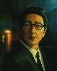 Rule 34 | 1boy, black eyes, black hair, black necktie, black suit, black vest, blurry, bokeh, collared shirt, depth of field, formal clothes, glasses, hair slicked back, highres, looking at viewer, male focus, necktie, night, original, portrait, sam yang, shirt, short hair, solo, suit, vest, white shirt, window