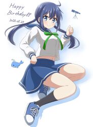 ! !! 1girl 2025 absurdres birthday black_socks blue_eyes blue_hair blue_sailor_collar blue_skirt blush closed_mouth dated dot_nose english_text female_focus full_body happy_birthday highres koisuru_asteroid legs long_hair long_sleeves looking_at_viewer manaka_ao nanog_eb1994 navel sailor_collar school_uniform serafuku shirt shoes skirt sneakers socks solo stuffed_animal stuffed_toy telescope thumbs_up twintails whale_plush white_shirt winter_uniform