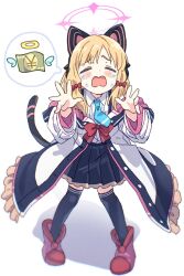 1girl animal_ear_headphones animal_ears banknote black_skirt black_thighhighs blonde_hair blue_archive blush boots bow bowtie cat_ear_headphones closed_eyes coat collared_shirt commentary_request crying fake_animal_ears halo headphones highres karahai_(31448823) long_sleeves momoi_(blue_archive) money open_mouth pink_bow pink_bowtie pleated_skirt red_bow shadow shirt simple_background skirt solo standing tail tears thighhighs white_background white_coat white_shirt yen