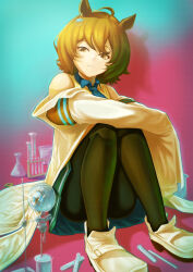 1girl agnes_tachyon_(umamusume) ahoge animal_ears bare_shoulders beaker black_pantyhose blue_necktie blue_skirt blurry brown_eyes brown_hair closed_mouth collared_shirt depth_of_field erlenmeyer_flask flask highres horse_ears horse_girl knees_up lab_coat long_sleeves miniskirt necktie nickname_(artist) pantyhose retort_stand round-bottom_flask shadow shirt shoes short_hair sitting skirt sleeves_past_fingers sleeves_past_wrists solo sweater test_tube umamusume white_shoes yellow_sweater