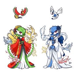 alternate_color articuno artist_name blue_flower blue_hair blue_skin bob_cut clothed_pokemon colored_skin cosplay entei flower gardevoir gen_1_pokemon gen_2_pokemon gen_3_pokemon green_hair green_skin hair_flower hair_ornament hair_over_one_eye highres ho-oh ho-oh_(cosplay) japanese_clothes legendary_pokemon lugia lugia_(cosplay) mamobot moltres multicolored_skin nintendo pink_eyes pokemon pokemon_(creature) raikou shiny_pokemon signature simple_background smile suicune two-tone_skin white_background white_skin wide_sleeves zapdos