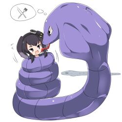 1girl arbok black_hair black_hairband blush brown_eyes commentary_request constriction forked_tongue gen_1_pokemon hairband kantai_collection lets0020 nintendo open_mouth pokemon pokemon_(creature) short_hair_with_long_locks sidelocks simple_background snake tokitsukaze_(kancolle) tongue two_side_up upper_body white_background