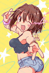 1girl alternate_costume artist_logo ass black_tank_top blue_shorts brown_eyes brown_hair cowboy_shot cutoffs dated denim denim_shorts furutaka_(kancolle) gyaru_v highres kantai_collection kutone_shirika logo one_eye_closed short_hair shorts smile solo standing tank_top v