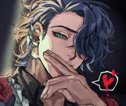 1boy aqua_eyes arm_up black_shirt blue_hair collared_shirt commentary_request covered_mouth covering_own_mouth ear_covers fingernails hair_over_one_eye heart highres honkai:_star_rail honkai_(series) jacket looking_at_viewer male_focus one_eye_covered open_collar popped_collar sampo_koski shirt sideburns slit_pupils solo speech_bubble spoken_heart xo_5ss