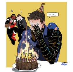 ... 3boys artist_name baron_zemo birthday_cake black-framed_eyewear black_gloves black_hair black_jacket black_pants blue_jacket boots border bucky_barnes cake candle captain_america captain_america_(series) character_doll coat covering_own_mouth dark-skinned_male dark_skin faceless faceless_male facial_hair fingerless_gloves fingernails food gloves goggles grey_coat hands_on_own_face hands_up hat helmet holding holding_microphone jacket karmaho lapels leg_up long_sleeves looking_at_food male_focus marvel marvel_cinematic_universe microphone multiple_boys musical_note no_mouth open_clothes open_coat outside_border pants party_hat plate pom_pom_(clothes) prosthesis prosthetic_arm red-tinted_eyewear red_boots red_shirt sam_wilson shadow shirt short_hair simple_background spoken_ellipsis standing standing_on_one_leg striped_hat superhero_costume sweat table the_falcon the_falcon_and_the_winter_soldier tinted_eyewear upper_body white_border yellow_background yellow_hat