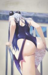 Rule 34 | 1girl, absurdres, alternate costume, ass, bare shoulders, black horns, blue archive, caustics, climbing ladder, commentary, demon horns, demon wings, english commentary, from behind, grey halo, halo, highres, horns, kayoko (blue archive), multicolored hair, one-piece swimsuit, pool, pool ladder, rifu002, single wing, solo, swimsuit, two-tone hair, wings