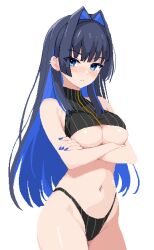 1girl bikini black_bikini black_hair blue_eyes blue_hair blue_nails breasts closed_mouth clothing_cutout colored_inner_hair crossed_arms ear_piercing hololive hololive_english large_breasts light_blush long_hair multicolored_hair navel ouro_kronii piercing pixel_art simple_background solo swimsuit underboob_cutout virtual_youtuber white_background zou_eita