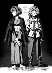 2girls arms_behind_back bandaid bandaid_on_face bang_dream! bang_dream!_it&#039;s_mygo!!!!! chihaya_anon chinese_commentary collared_shirt commentary_request commission english_text greyscale gun handgun highres holding holding_gun holding_weapon jacket jacket_on_shoulders japanese_clothes kimono lanserongjie long_hair long_sleeves monochrome multiple_girls nagasaki_soyo necktie obi pants revision sash second-party_source shirt short_hair sidelocks standing weapon
