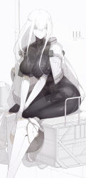 1girl android breasts colored_skin crown dark_skin helmet highres jacket large_breasts long_hair looking_to_the_side mechanical_arms mechanical_legs original see-through_body sitting skeleton ub1mo white_background white_hair white_skin yellow_eyes