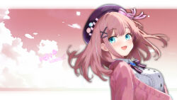 Rule 34 | 1girl, :3, absurdres, aqua eyes, badge, beret, blue gemstone, blush, bow, bowtie, breasts, brown hair, button badge, cardigan, center frills, cloud, cloudy sky, collared shirt, dated, frilled shirt, frills, gem, hair ornament, hairclip, hat, hat bow, highres, large breasts, long sleeves, medium hair, nijisanji, open mouth, pink bow, pink bowtie, pink cardigan, pink sky, purple bow, purple bowtie, purple hat, sayulist, shirt, sky, smile, solo, striped bow, striped bowtie, striped clothes, suzuhara lulu, suzuhara lulu (1st costume), virtual youtuber, white shirt