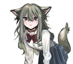 1girl animal_collar animal_ears blue_skirt bow bowtie cat_ears cat_girl cat_tail closed_mouth collar collared_shirt green_hair hair_between_eyes highres kusanagi_nene long_hair long_sleeves looking_at_viewer pleated_skirt project_sekai purple_eyes red_bow red_bowtie school_uniform shirt simple_background skirt solo tail umashio_potechi-san white_background white_shirt