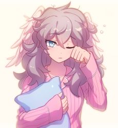 1girl blue_eyes enni hair_down head_wings holding holding_pillow long_hair long_sleeves melia_antiqua messy_hair one_eye_closed pajamas pillow pink_pajamas rubbing_eyes silver_hair simple_background sleepy solo upper_body white_background wings xenoblade_chronicles_(series) xenoblade_chronicles_1