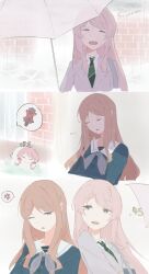 1girl bang_dream! bang_dream!_it&#039;s_mygo!!!!! blue_shirt brown_hair chihaya_anon commentary fang green_necktie grey_jacket haneoka_school_uniform holding holding_umbrella jacket long_hair maa-chan_(sima) nagasaki_soyo necktie one_eye_closed open_mouth pink_hair school_uniform shirt sidelocks symbol-only_commentary tsukinomori_school_uniform umbrella