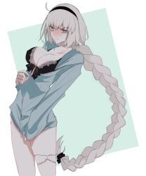 1girl 55nyako20 aqua_jacket braid breasts fate/grand_order fate_(series) grey_hair highres jacket jeanne_d&#039;arc_alter_(fate) large_breasts long_braid long_sleeves scrunchie single_braid solo two-tone_background yellow_eyes