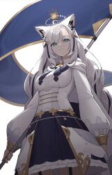 1girl absurdres ahoge animal_ear_fluff animal_ear_piercing animal_ears apicium aqua_eyes back_bow blue_ribbon blue_skirt bodice bow braid cape closed_mouth collared_shirt commentary crown empty_eyes flag floating_crown fox_ears fox_girl fox_tail framed_breasts frilled_skirt frills gold_crown gold_trim hair_ribbon highres holding holding_flag hololive layered_skirt legwear_garter long_hair long_sleeves low-tied_long_hair low_twintails mini_crown miniskirt neck_ribbon official_alternate_costume official_alternate_hairstyle parted_bangs puffy_long_sleeves puffy_sleeves ribbon shirakami_fubuki shirakami_fubuki_(saint) shirt shirt_tucked_in sidelocks skirt solo tail thigh_strap thighhighs twintails very_long_hair virtual_youtuber waist_bow white_background white_cape white_hair white_shirt