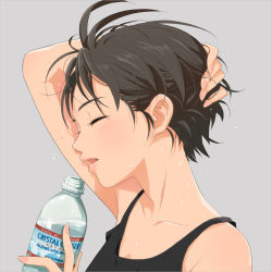 Rule 34 | 00s, 1girl, androgynous, antenna hair, black hair, bottle, closed eyes, female focus, grey background, hand to head, idolmaster, idolmaster (classic), kikuchi makoto, lips, neck, open mouth, product placement, short hair, simple background, solo, sweat, tank top, water, water drop, yachiwo