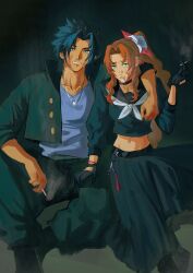 1boy 1girl absurdres aerith_gainsborough aerith_gainsborough_(midgard_seventh_high_school) arm_around_shoulder belt_chain black_choker black_gloves black_hair black_jacket black_pants black_sailor_collar black_serafuku black_skirt blood blood_from_mouth blood_on_face blue_eyes blue_shirt brown_hair bruise bruise_on_face choker cigarette commentary couple cropped_shirt delinquent ear_piercing earrings english_commentary final_fantasy final_fantasy_vii final_fantasy_vii_ever_crisis flower gakuran gloves green_eyes hair_flower hair_ornament hand_on_another&#039;s_thigh high_ponytail highres holding holding_cigarette injury jacket jewelry long_hair long_skirt looking_at_viewer lumiaeria midriff navel neckerchief necklace nosebleed official_alternate_costume open_clothes open_jacket pants parted_lips piercing ponytail sailor_collar school_uniform serafuku shirt short_hair sidelocks sitting skirt spiked_hair sukeban white_flower white_neckerchief zack_fair zack_fair_(midgard_seventh_high_school)