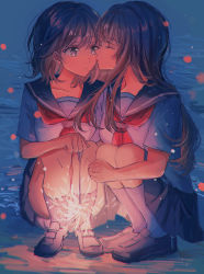 2girls absurdres bad_id bad_pixiv_id beach black_footwear black_hair blue_sailor_collar blue_skirt closed_eyes closed_mouth evening fireworks grey_eyes hand_up highres holding holding_fireworks kiss loafers long_hair looking_at_another multiple_girls neckerchief ocean original pleated_skirt red_neckerchief rococomm123 sailor_collar school_uniform serafuku shirt shoes short_hair short_sleeves skirt socks sparkler squatting water white_shirt white_socks yuri