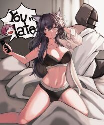 1boy 1girl absurdres animal_ear_fluff animal_ears arknights black_bra black_hair black_panties bra breasts calvin_klein cellphone clothes_writing doctor_(arknights) exusiai_(arknights) gomsang-oh hickey highres holding holding_phone implied_after_sex linea_alba long_hair male_doctor_(arknights) navel on_bed panties phone smartphone squeans tail talking_on_phone texas_(arknights) underwear underwear_writing wolf_ears wolf_girl wolf_tail yellow_eyes