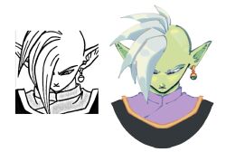 1boy cashmro colored_skin comic_panel_redraw derivative_work dragon_ball dragon_ball_super earrings expressionless green_skin grey_eyes jewelry looking_down mohawk pointy_ears potara_earrings purple_shirt redrawn shirt short_hair solo white_hair zamasu