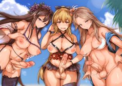 10s 3futa :d bikini black_legwear blonde_hair blue_eyes blue_sky blush breasts brown_eyes brown_hair cleavage cloud erection foreskin futa_with_futa futanari garter_belt garter_straps granblue_fantasy hand_on_own_hip highres katalina_(granblue_fantasy) large_breasts large_penis lingerie long_hair looking_at_viewer multiple_futa navel nipples open_mouth palm_tree penis phimosis precum purple_eyes rosetta_(granblue_fantasy) shiny_skin sky smile swimsuit testicles thick_thighs thighhighs thighs third-party_edit tree ubanis uncensored underwear vira_(granblue_fantasy) white_bikini wide_hips