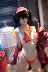 Rule 34 | 1girl, asian, bikini, black hair, breasts, chinese (nationality), chunmomo0127, cosplay, cosplay photo, hat, heart pasties, highres, indoors, jacket, looking at viewer, mcdonald&#039;s, medium breasts, one eye closed, pasties, photo (medium), real life, red bikini, red hat, red jacket, smile, stomach, swimsuit, twintails, v