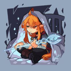 Rule 34 | 1girl, ahoge, bandages, bed frame, casting spell, closed eyes, commentary, concentrating, crossed legs, dated, english commentary, full body, grey background, highres, holding, holding staff, long hair, orange hair, original, pillow, pointy ears, sandragh, simple background, sitting, solo, staff, transparent weapon, under covers, very long hair